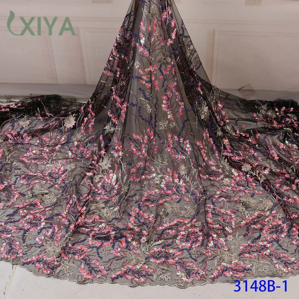 Embroidery Flowers Pattern Sequence Lace Fabric Luxury African Lace Fabric with Sequins Nigerian Tulle Mesh Lace APW3148B