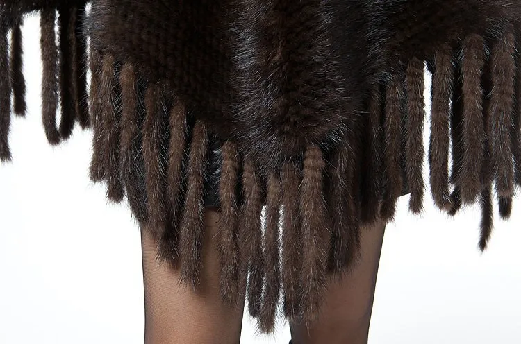 Genuine real Mink Fur Shawl with tassel Knitted Real Fur Poncho Women Natural Fur Warp With Hood Winter Mink Fur