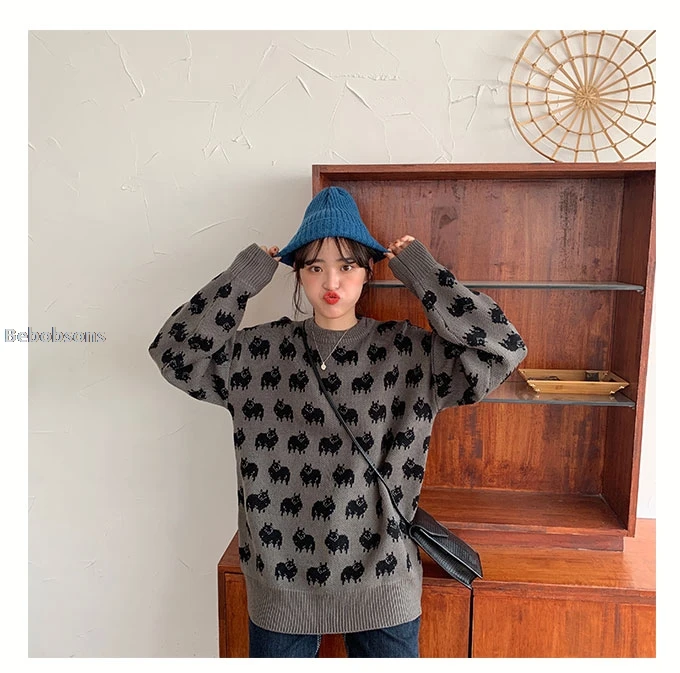 Корейский модный женский зимний толстый пуловер с длинными рукавами, теплый базовый свитер с круглым вырезом, вязаный свитер, женский свободный жаккардовый Топ