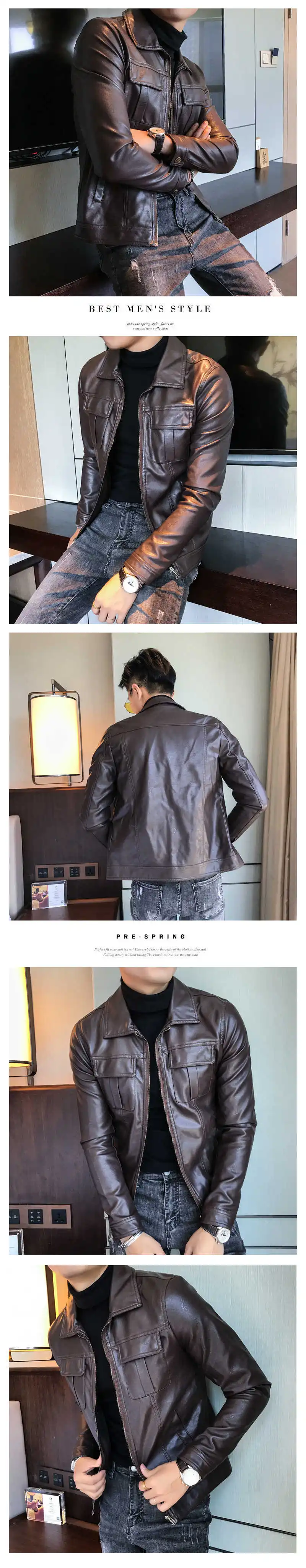 Мужские кожаные куртки Slim Fit Chaqueta Marron Hombre кожаная куртка на молнии мужские зеленые Мотоциклетные Куртки мужские Deri Ceket