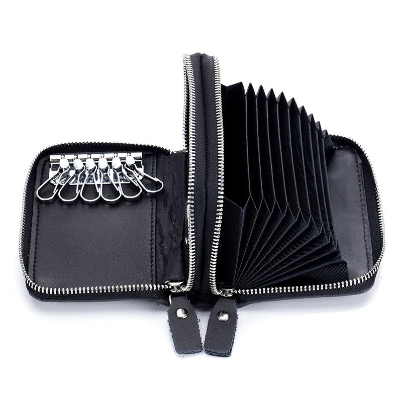 

New Double Zipper RFID Blocking Card Holder Vintage Genuine Leather Key Wallets with 12 Cards Slot Multifunction Coin Purse