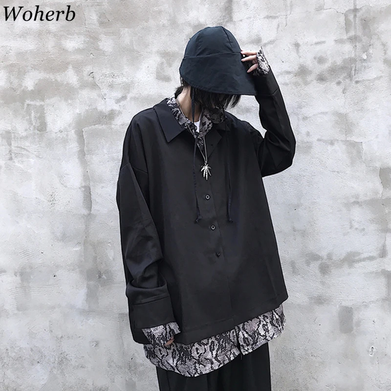 Woherb Harajuku стиль свободная рубашка бойфренда блузка с длинным рукавом змеиный принт Поддельные 2 шт. уличная Blusas для женщин и мужчин одежда Топ