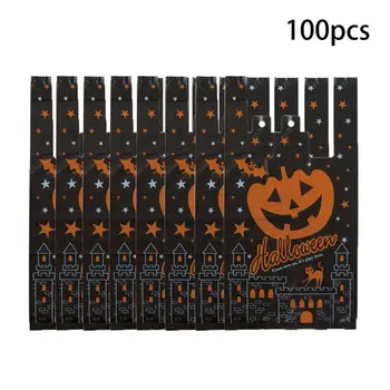 

100Pcs Pumpkin Plastic Candy Gift Bag with Handle For Kids Halloween Party Favor 11UA