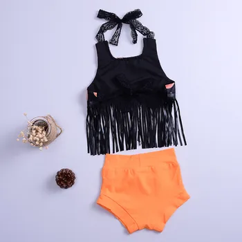 

2019 Fashion baby girls Halloween Pumpkin Tassel Suit sleeveless black crop tops vets +Orange shorts 2 pcs outfit set
