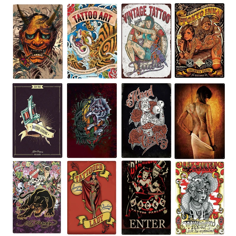 Tattoo Tin Sign Vintage Studio Store Wall Decor Sexy Lady Girls Metal Signs Man Cave Pin Up Plate Poster Plaques | Дом и сад