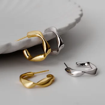 

Real 925 Sterling Silver Geometric Irregular C-shaped Circle Stud Earrings for Women Girls Lady Twisted Ear Jewelry Brincos Gift