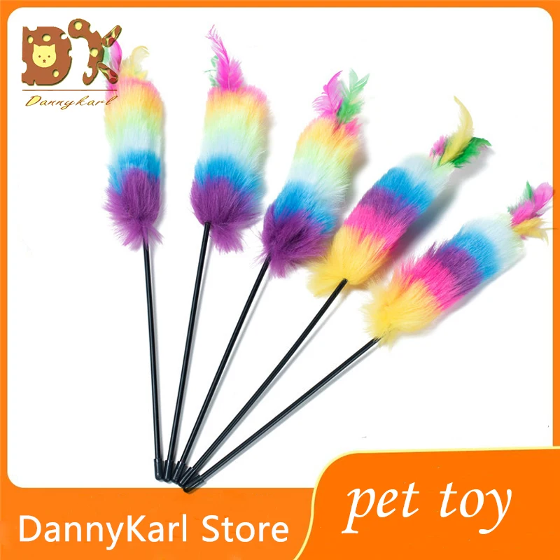 

DannyKarl Pet Toy Training Supplies Rainbow Colored Wool top tease cat stick tease cat interactive Fun cat stick tease