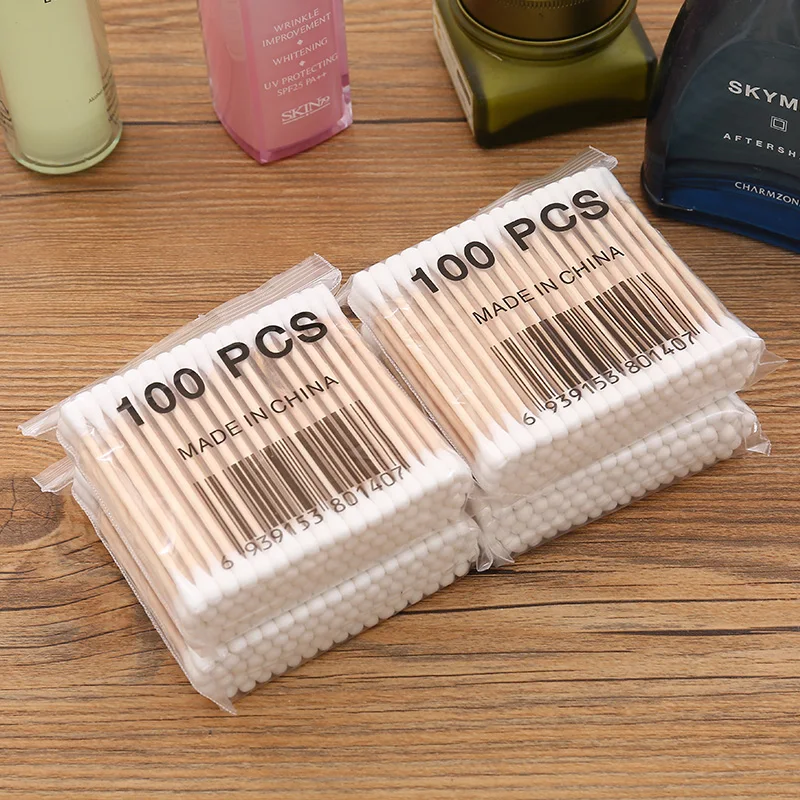 Cotton Swabs 100pcs/pack Double Head Beauty Makeup Wood Sticks Ears Cleaning Health Care Eco Friendly Wood Cotton Swabs Disposable Cotton Swabs
