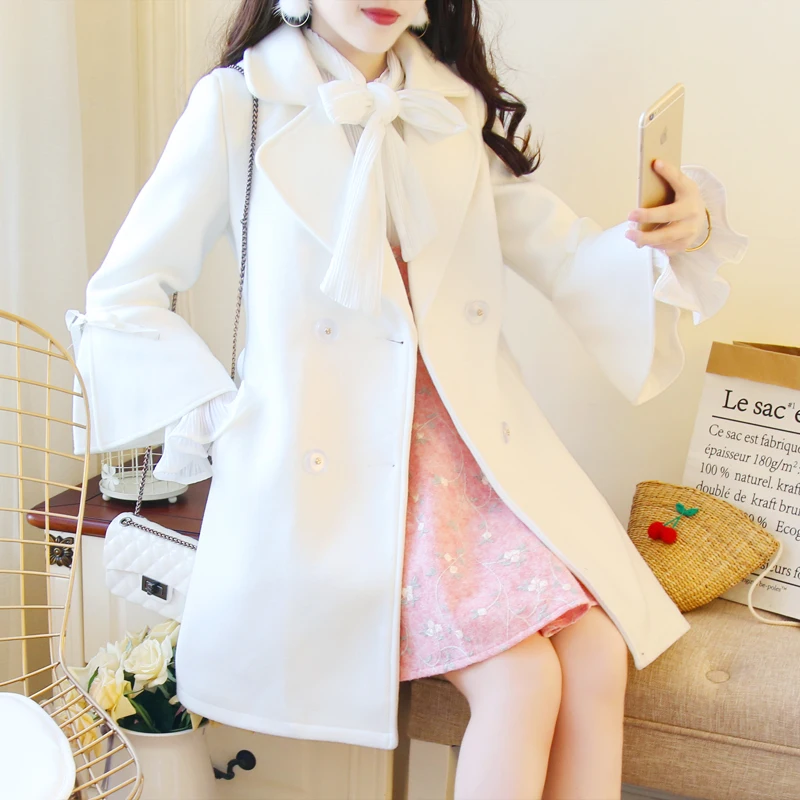 1000 Woolen Overcoat Women's Mid-length Korean-style New Style Bell Sleeve Sweet Bow Pink Woolen Jacket