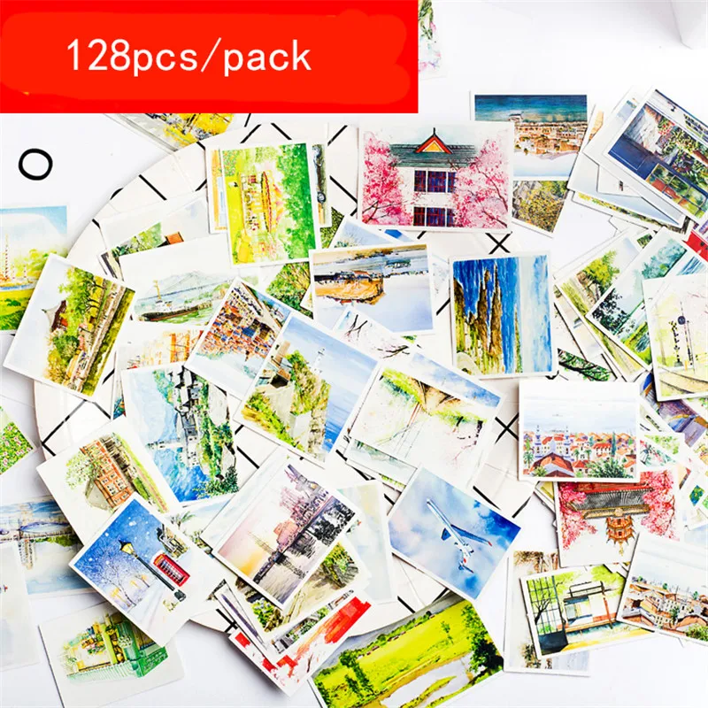 128pcs 128 шт./упак. стикер s Скрапбукинг пейзаж дневник Diy Дневник этикетка-Наклейка декоративная наклейка для ручной книги водонепроницаемый - Цвет: 128pcs