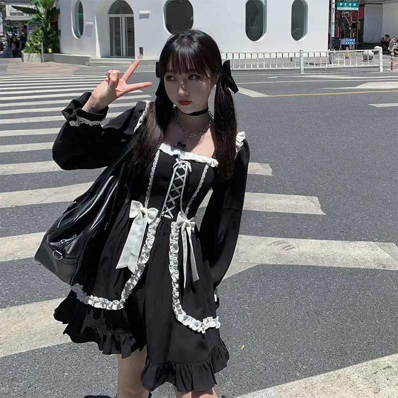 Lolita Costume Japanese Maid Cosplay Black and White Patchwork Anime Bow Tie Ruffle Mini Dress Loli Clothes Halloween Party CLub