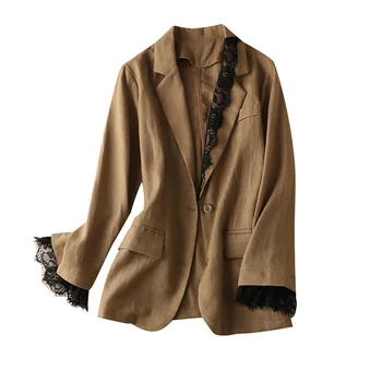 

linen patchwork lace blazers women Tailored Coat Single Button Turn-down Collar Designer Vintage woman jacket with long sleeve