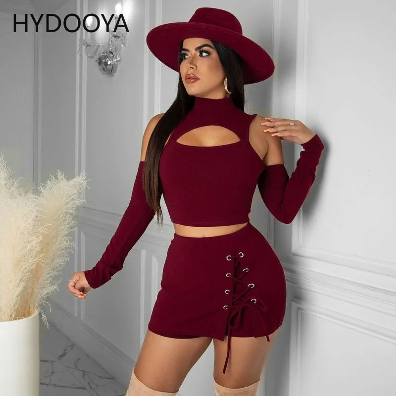 Solid Skinny Hollow Out Women Two Piece Skirts Sets Sexy Casual Club Wear Female Off Shoulder Crop Top+Bandage Mini Skirt Suits