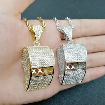 

Hip Hop Micro Paved Cubic Zirconia Bling Iced Out Big Whistle Pendants Necklace for Men Rapper Jewelry Gold Silver Color
