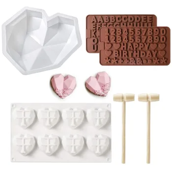 

6 Pcs/Set Diamond Heart Silicone Cake Mold Numbers Letters Chocolate Mold with 2pcs Wooden Hammer Home DIY Baking Pan