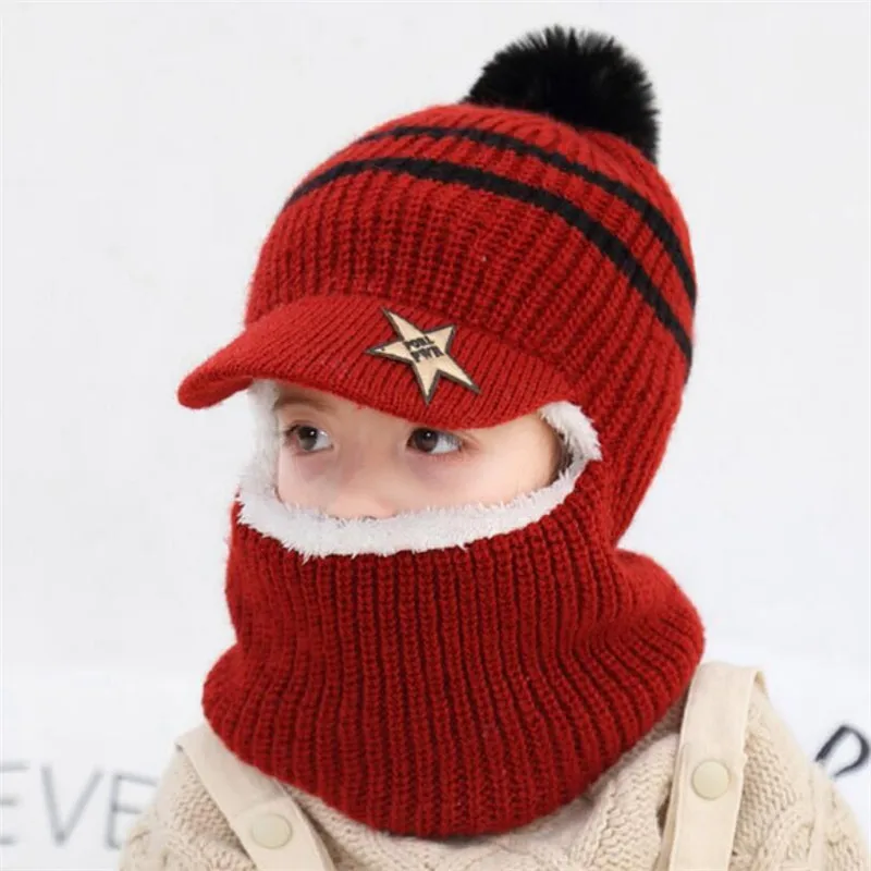 Knit Short Plush Hooded Scarf Kids Hat And Scarf Child Winter Warm Protection Ear Pom Pom Cap Scarves Girls Boy Accessories