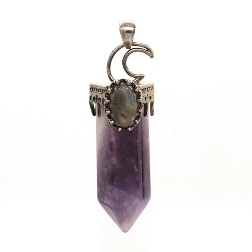 Amethysts Модные бусины Винтажный стиль посеребренный полумесяц шестиугольник Призма кулон аметисты Овальный лабрадорит камень ювелирные изделия - Окраска металла: Amethysts
