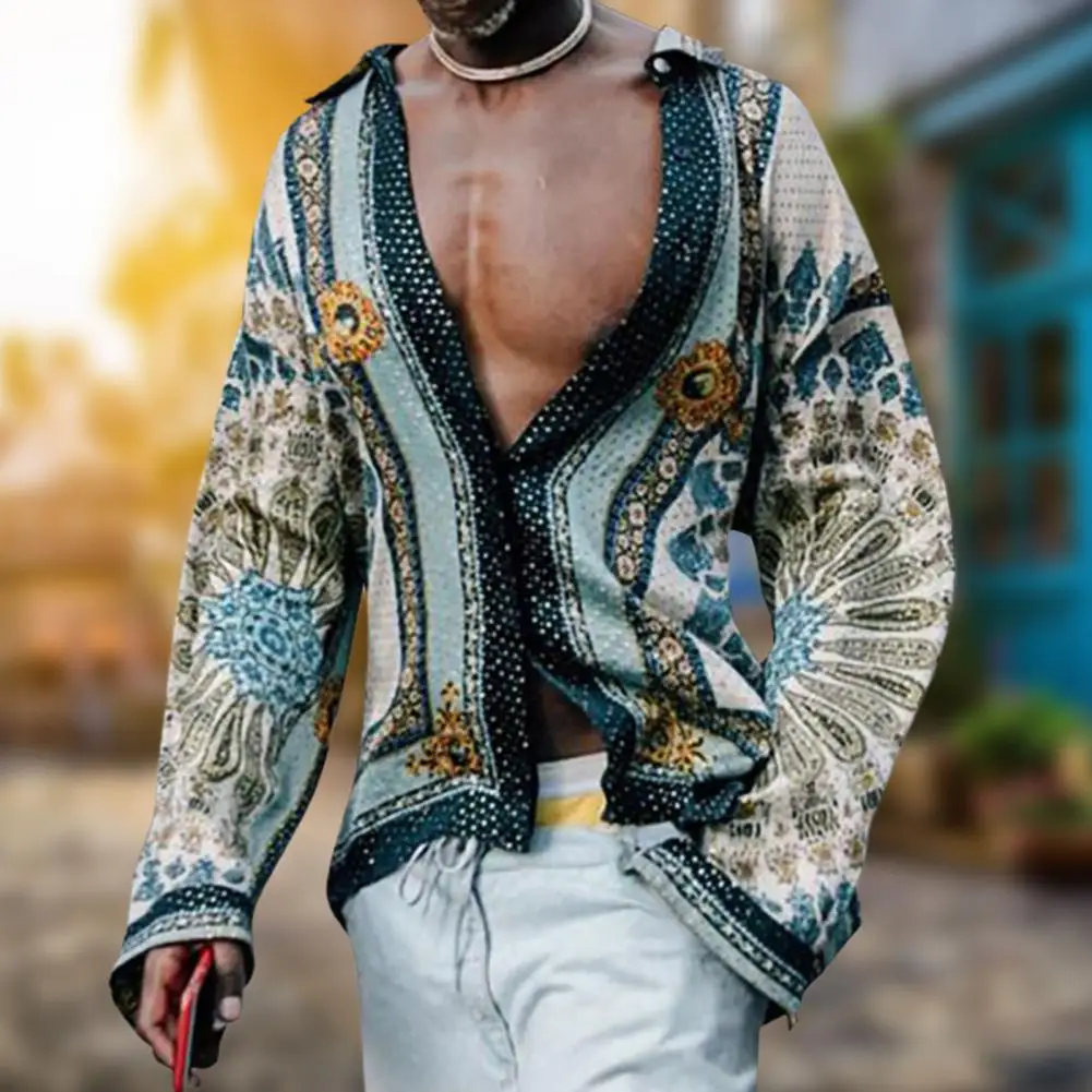 Men Ethnic Style Regular Shirt Printed Buttons Summer Casual All-Match Long Sleeve Lapel Top Party long sleeve shirt men casual shirt