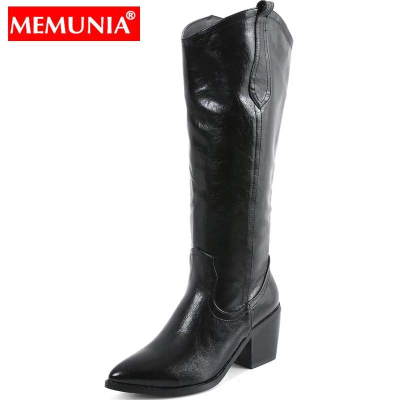 MEMUNIA/ г. Новые высококачественные сапоги до колена из искусственной кожи Женские однотонные сапоги на высоком квадратном каблуке в стиле вестерн в винтажном стиле модная обувь