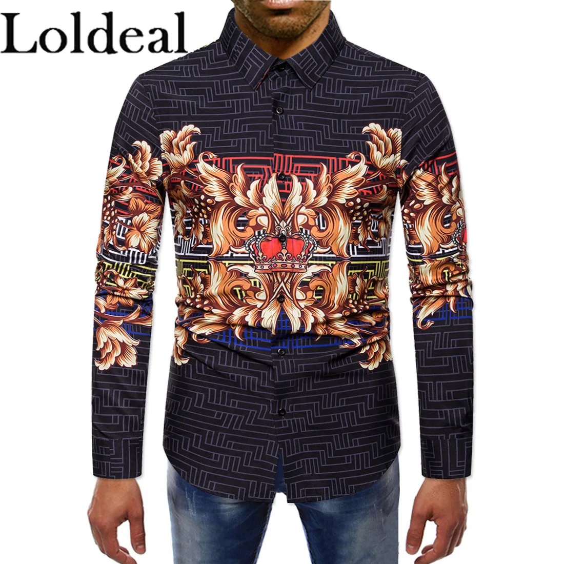 Рубашка Loldeal мужская с цветочным принтом Модная приталенная длинным рукавом и