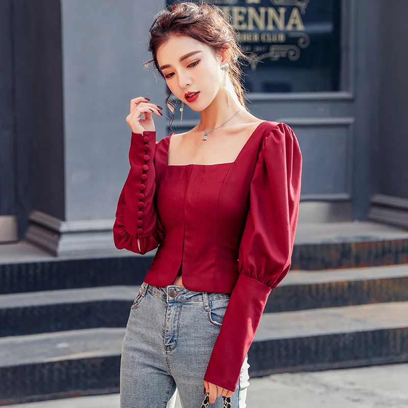 Женская блузка с квадратным вырезом пышными рукавами и длинным рукавом | одежда