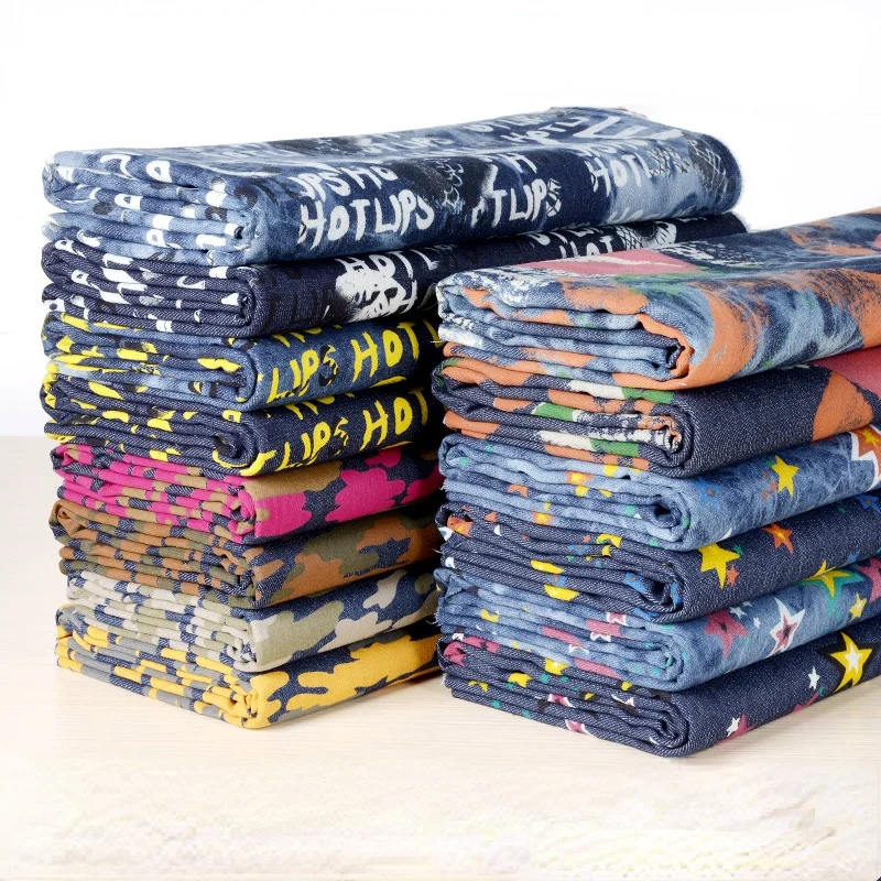 Rose Floral Fabric Stretch Denim Fabric Washed Thick Garment