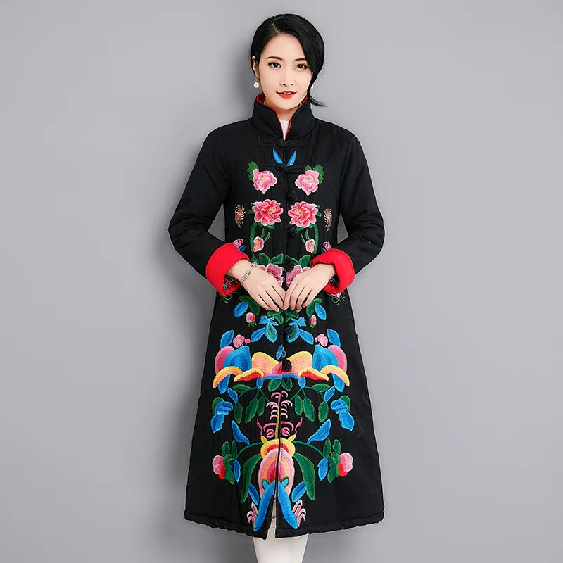 

Winter New Style Cotton Linen Embroidered Large Size Ethnic-Style Mid-length Cotton-padded Clothes Retro Frog Women Jacket Overc