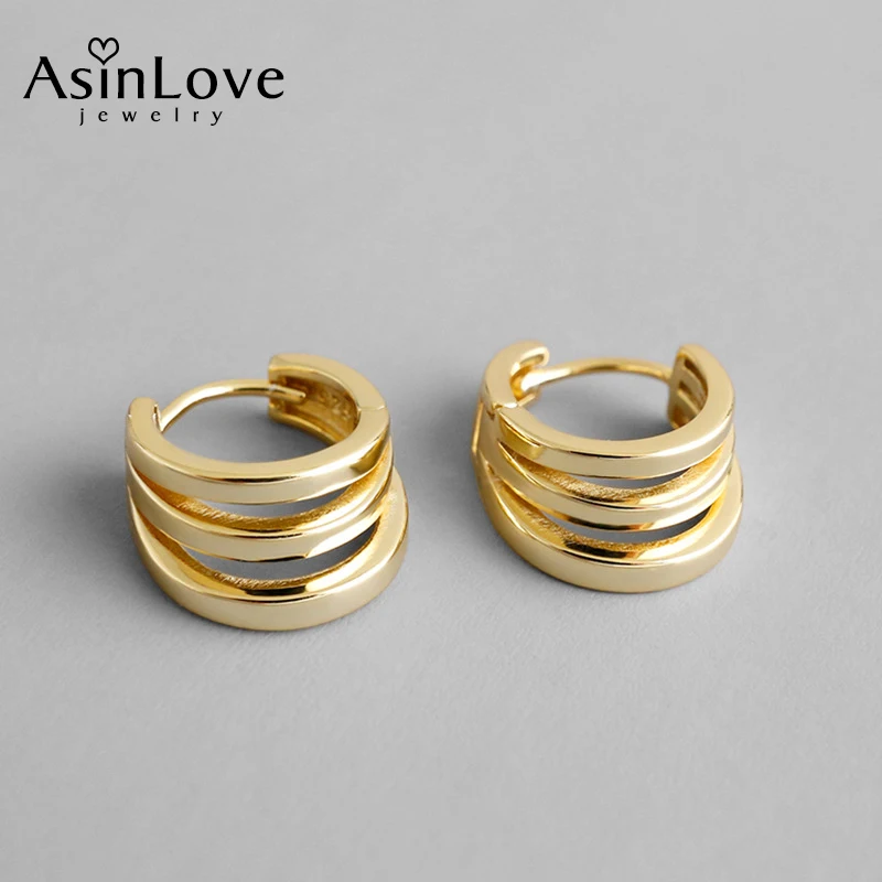 Женские многослойные серьги-кольца AsinLove 18 К золотистого цвета три круга 925 пробы