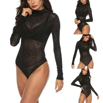 

Women Sexy Jumpsuit Bodycon Bodysuits Serpentine Leotard Top Romper Blouse Female See Through Long Sleeve Catsuit Slim Overalls