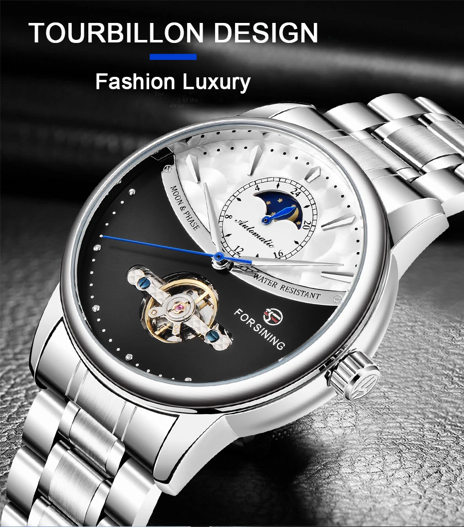 FORSINING Tourbillon водонепроницаемые механические мужские часы из нержавеющей стали с фазой Луны Автоматические наручные часы Relogio Masculino