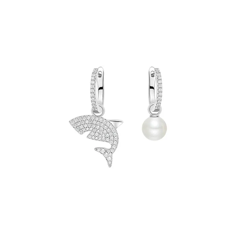 

Real 925 Sterling Silver Asymmetric Cute Shark Pearl AB Earrings AAA Zircon Stones Women Jewelry aretes de mujer modernos 2018