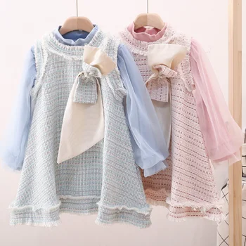 

2020 Spring Autumn Luxury Kids Little Toddler Girls 2pcs Cotton Shirt & Tweed Dress Set Pink Blue Bow Dresses for Teenagers Girl