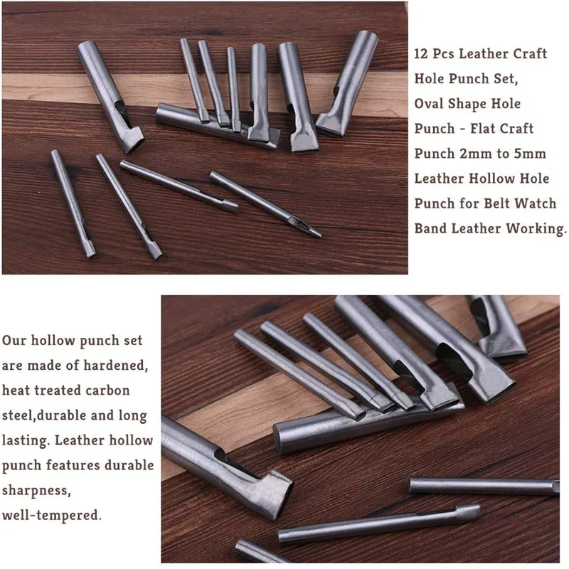LMDZ 12Pcs Leather Craft Oval Shape Hole Punch Set Leather Hollow Hole Puncher Flat Hole Punch Maker Cutter Chisel Working Tool