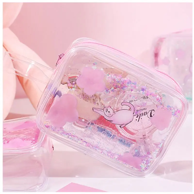 Kawaii Sakura Cat Прозрачный чехол для девочек, косметички, масло, песок, школьный пенал, чехол