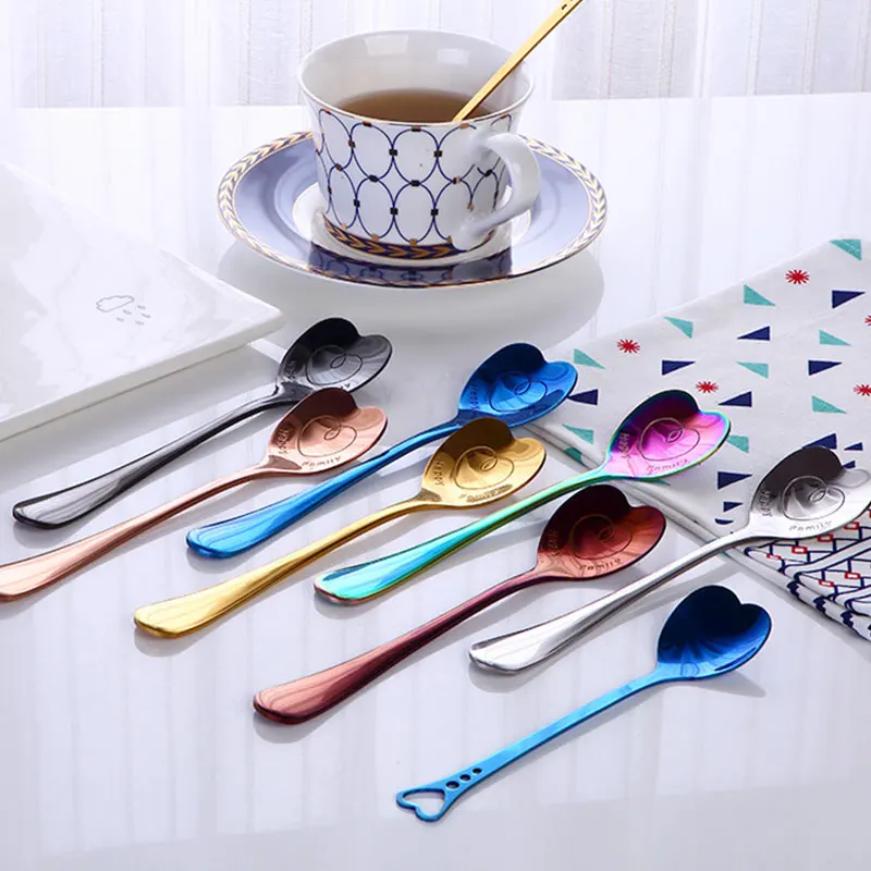 1pc Heart Shaped Love Couple Spoon Creative Stainless Steel Coffee Tea Dessert Stiring Spoon Rainbow gradient Spoon Wholesale