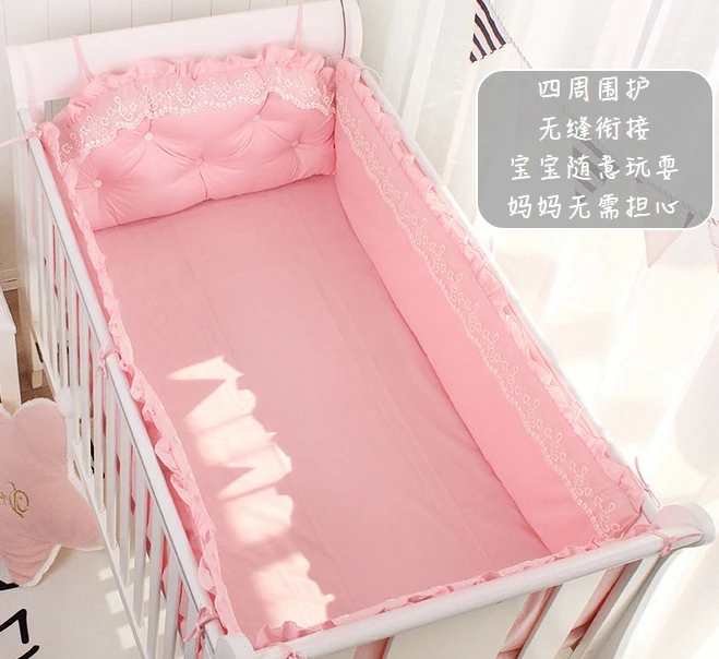pink 5pcs set Детская кроватка вокруг протектор люлька кружева бампер стиль принцессы сплошной цвет хлопок Простыня Постельное белье четыре сезона универсальный - Цвет: pink 5pcs set