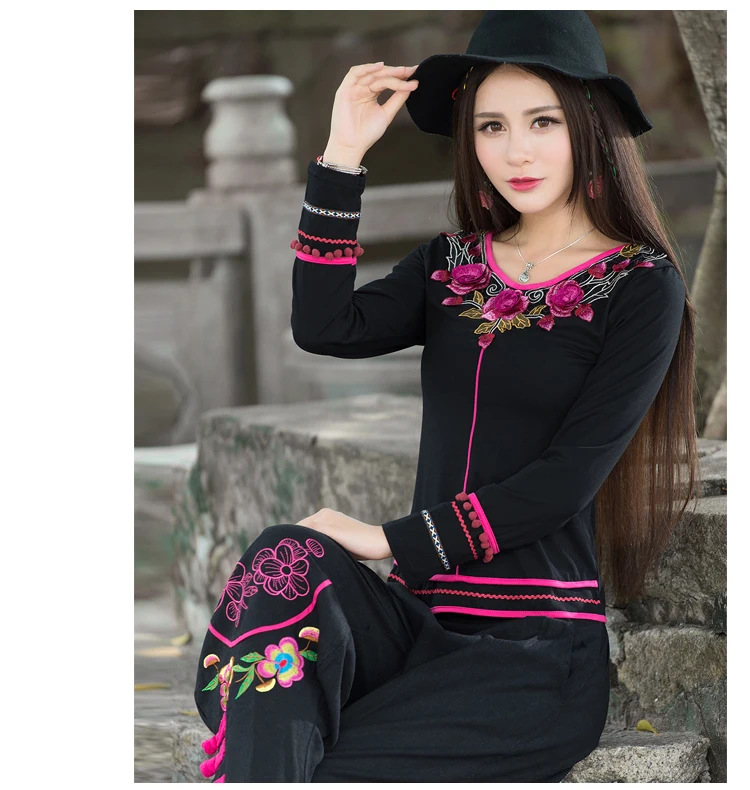 Camisas femininas Женский пуловер винтажный 70s этнический мексиканский стиль с длинным рукавом с v-образным вырезом черная футболка с нашивками AF498