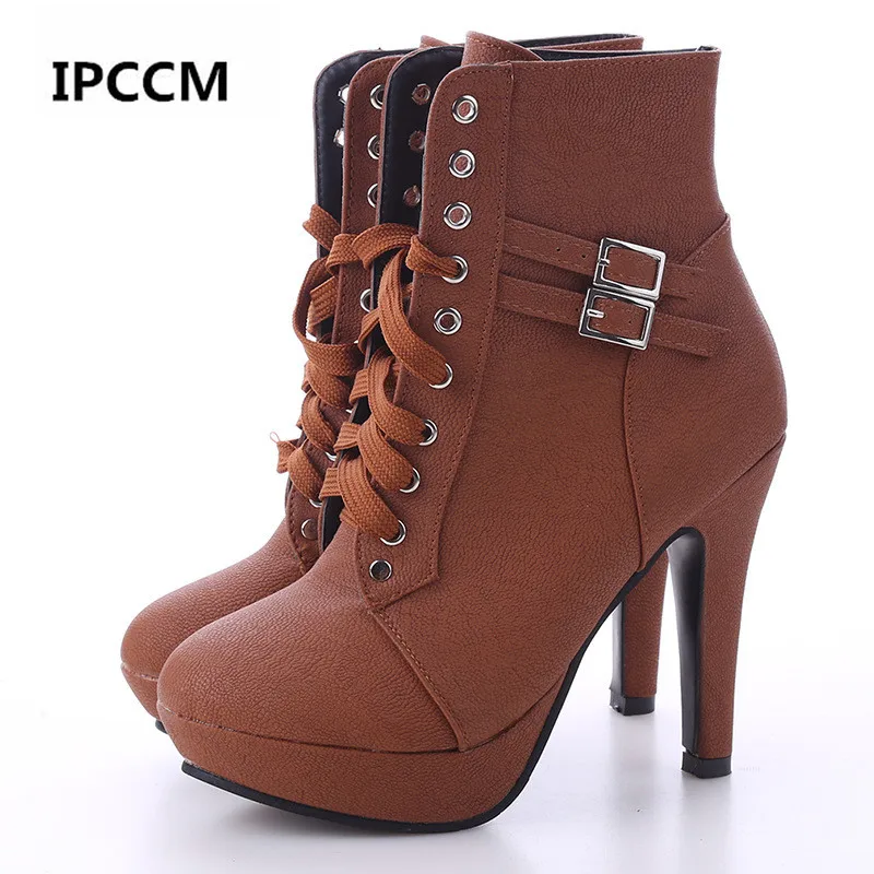 

IPCCM Brand 2019 Ms Autumn Winter Comfortable Fine Heel Front Lacing Martin Boots Buckle With High Heel Short Boots Size 35-43