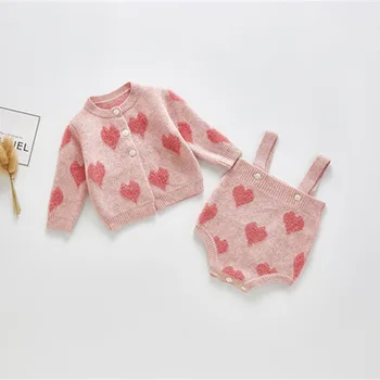 

Toddler Girls Babe Heart Love Print Knitted Coat and Rompers Sweet Kids Pink Color Autumn Winter Newborn Sweater Clothes