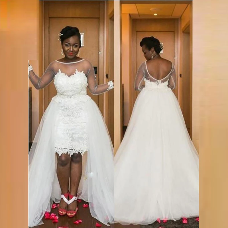 

Latest South African White Lace Bridal Wedding Dresses High Low Backless Wedding Gowns for Bride Long Sleeves Sheer Boat Neck