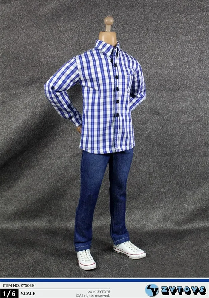 1/6 мужская одежда 1:6 ZYTOYS ZY5028 Youth blue white Checker Box рубашка и джинсы Набор для 1" фигурка куклы тело