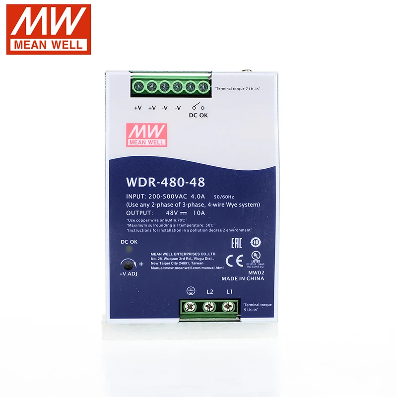 MEAN WELL WDR-480-48 480 Вт 48 В Широкий Вход Промышленный din-рейку источник питания 180-550 в