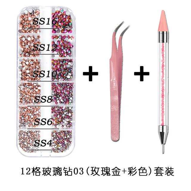 1Box Multi Size Glass Nail Rhinestones Mixed Colors Flat-back AB Crystal With tools 3D Charm Gems  Manicure Nail Art Decorations 07