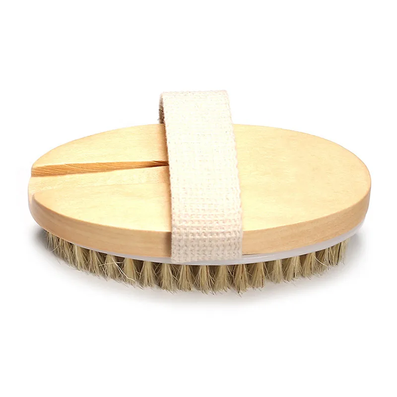 2 in 1 Body Bath Massage Brush Soft Bristle Oval Wooden Shower Brush with Grip Strap