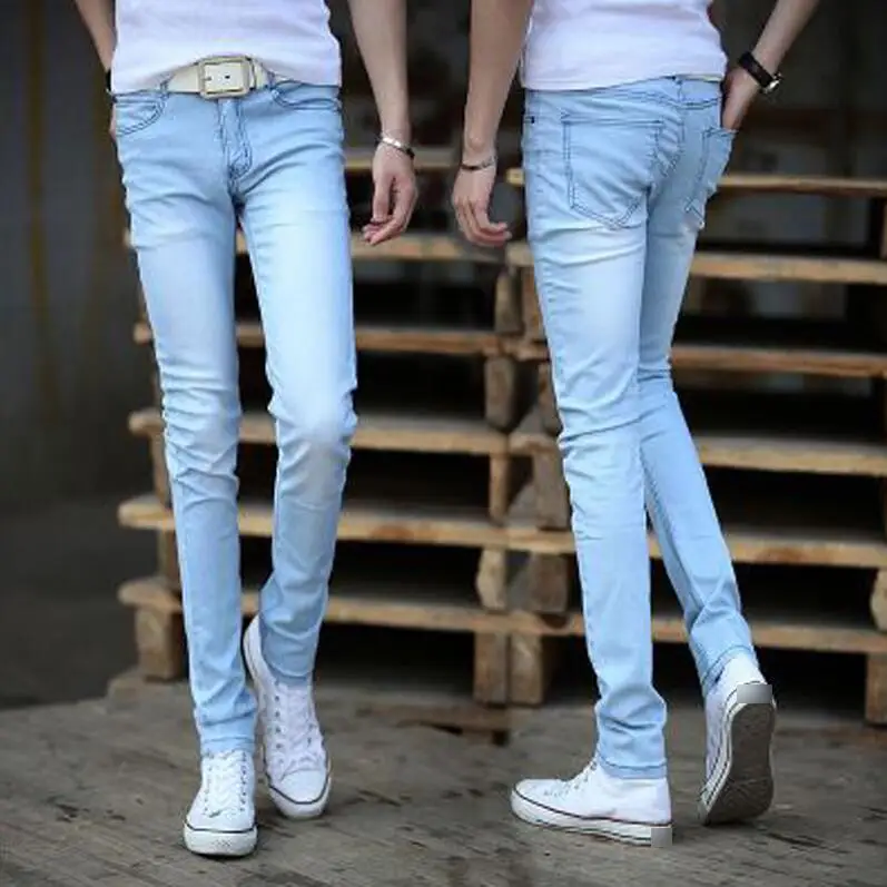 light blue Новые мужские Стрейчевые обтягивающие джинсы модные повседневные узкие джинсовые брюки синие Черные хаки белые брюки Мужская брендовая одежда - Цвет: light blue