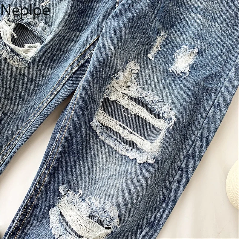 Neploe Korean Loose Trousers Straight Harem Pants Fashion Hole Striped Jeans High Waist Casual Autumn Student Deinm Pant 45988