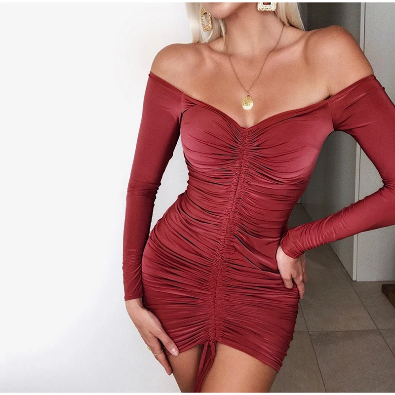 Невозьму 2 слоя осеннее платье Для женщин с открытыми плечами Drawstring Ruched Bodycon платье женские вечерние Клубные пикантные зимнее платье
