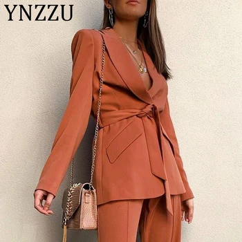 

YNZZU 2019 Autumn Elegant Women Blazer Long Sleeve Tie Up Bow Sashes Rust Red Female Jacket Ladies Suits Sets Blazer Mujer A1211