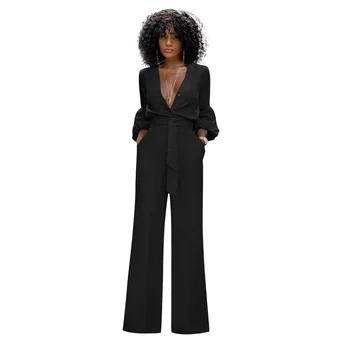 

Women Sexy One Piece Wide Leg Solid Deep V neck Puff Sleeve Jumpsuits Casual Dressy Jumpsuit Rompers