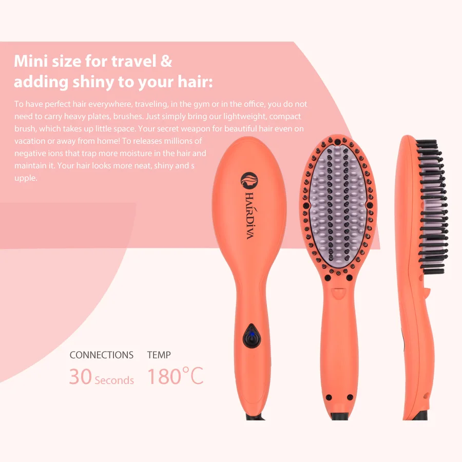 Мини-Ионная Щетка для волос Diva для путешествий, щетка для выпрямления волос, электрическая Горячая расческа, выпрямляющая щетка в коралловом цвете